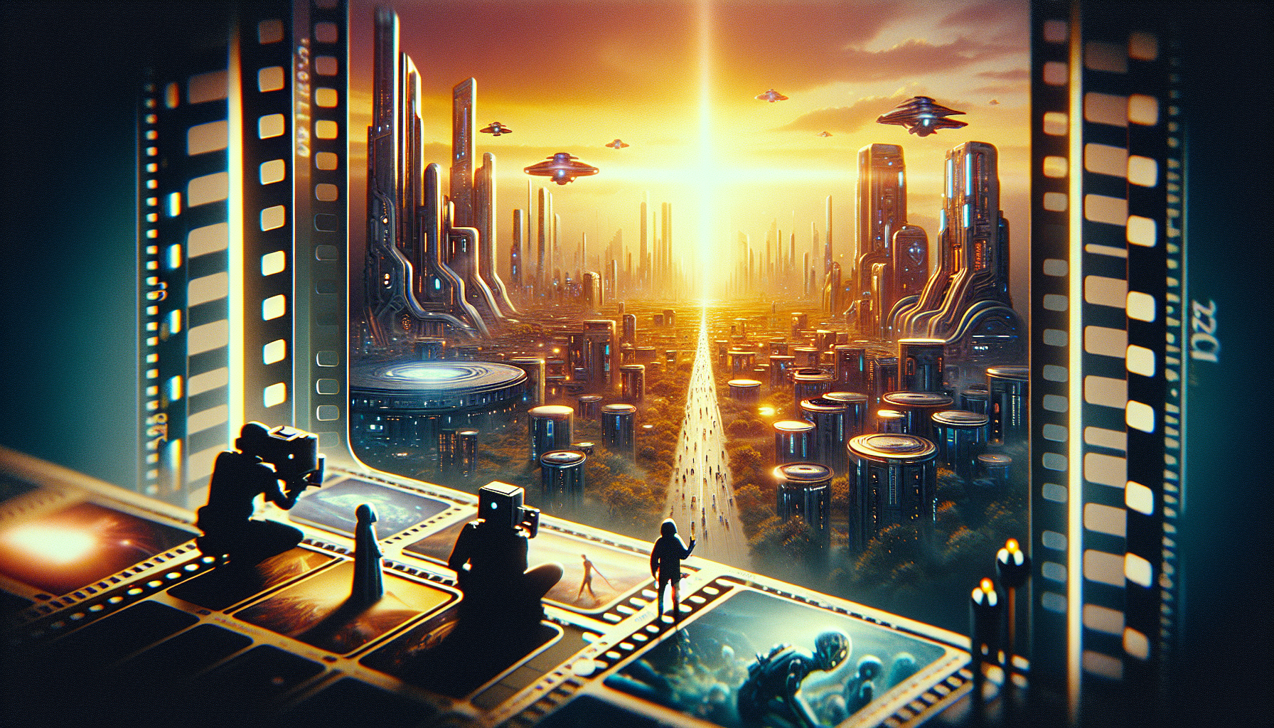 A imagem ilustra uma cidade futurística ao amanhecer com arranha-céus altos e veículos voadores. Em primeiro plano, miniaturas de pessoas e robôs em uma superfície que imita uma placa de circuito, ladeados por uma borda que se assemelha a uma tira de filme.